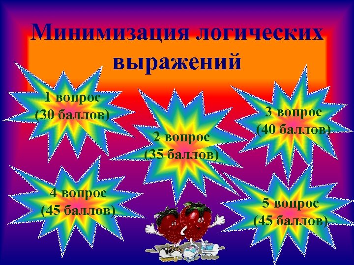 Минимизация логических выражений 1 вопрос (30 баллов) 2 вопрос (35 баллов) 4 вопрос (45