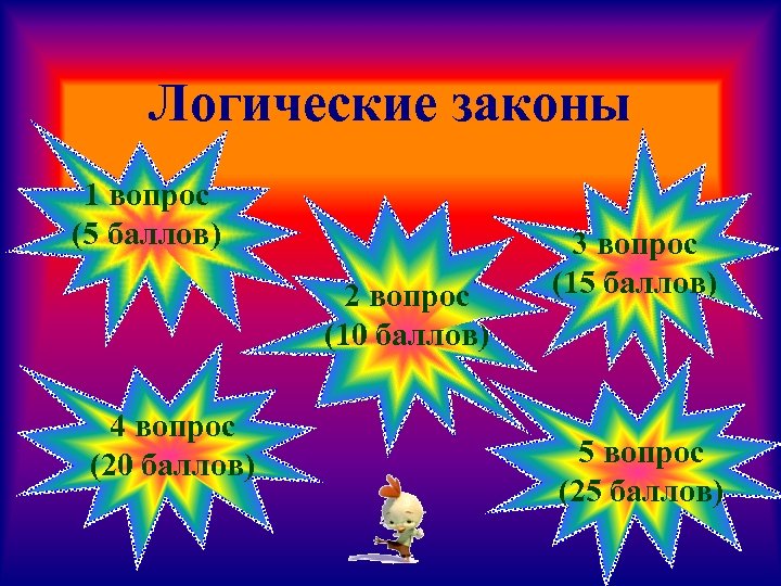 Логические законы 1 вопрос (5 баллов) 2 вопрос (10 баллов) 4 вопрос (20 баллов)