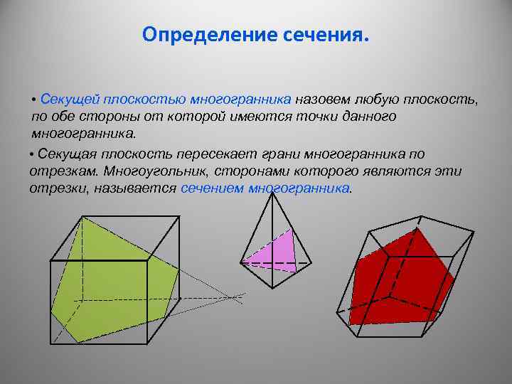 Определение сечения. • Секущей плоскостью многогранника назовем любую плоскость, по обе стороны от которой