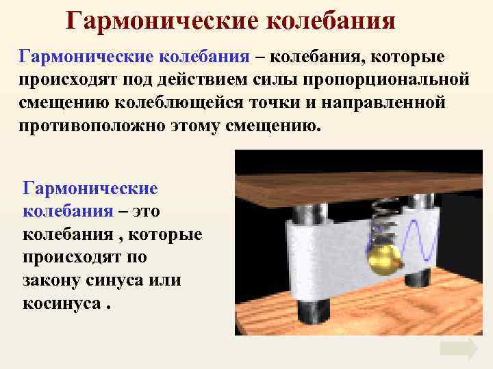 Гармонические колебания – колебания, которые происходят под действием силы пропорциональной смещению колеблющейся точки и