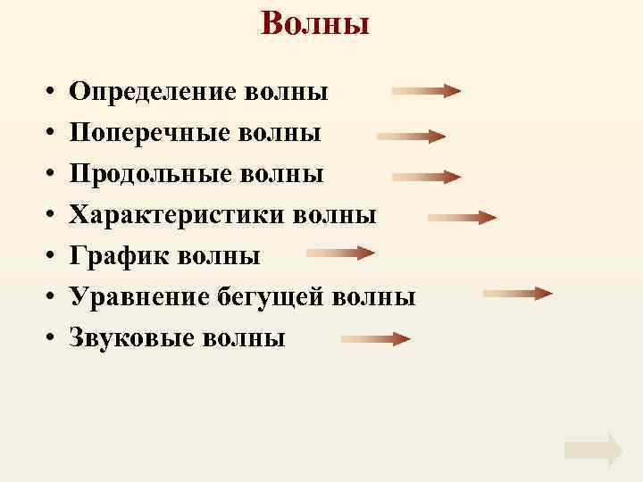 Волны • • Определение волны Поперечные волны Продольные волны Характеристики волны График волны Уравнение