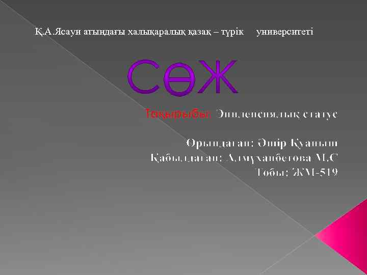 Қ. А. Ясауи атыңдағы халықаралық қазақ – түрік университеті Тақырыбы: Эпилепсиялық статус Орындаған: Әшір
