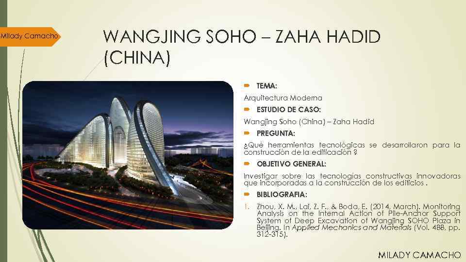 Milady Camacho WANGJING SOHO – ZAHA HADID (CHINA) TEMA: Arquitectura Moderna ESTUDIO DE CASO: