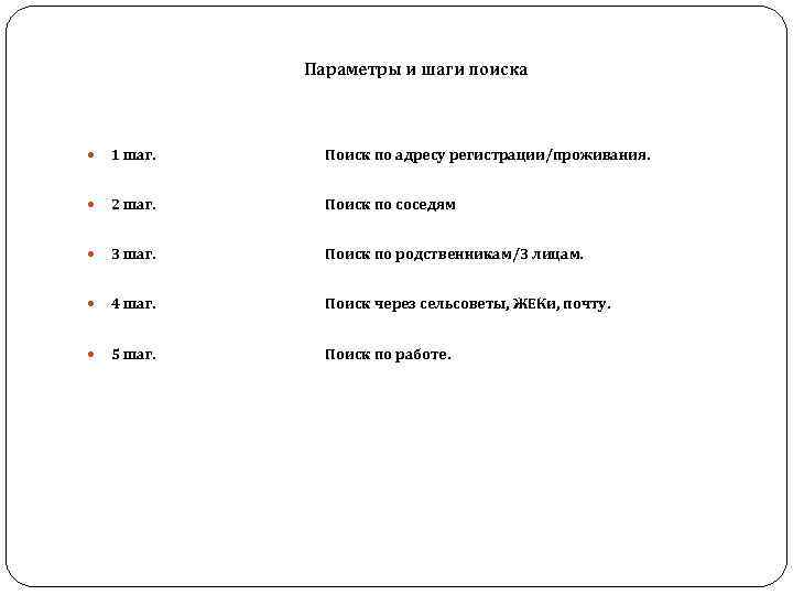  Параметры и шаги поиска 1 шаг. Поиск по адресу регистрации/проживания. 2 шаг. Поиск