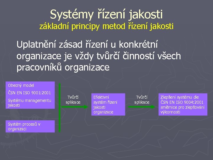 Systémy řízení jakosti základní principy metod řízení jakosti Uplatnění zásad řízení u konkrétní organizace