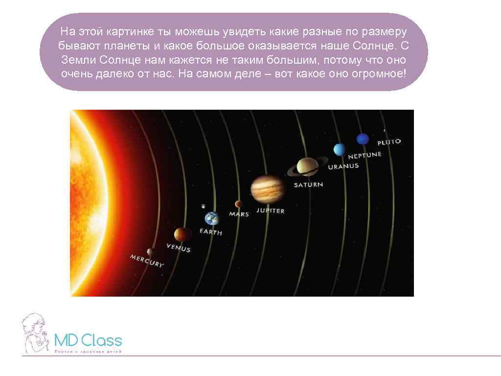 На этой картинке ты можешь увидеть какие разные по размеру бывают планеты и какое