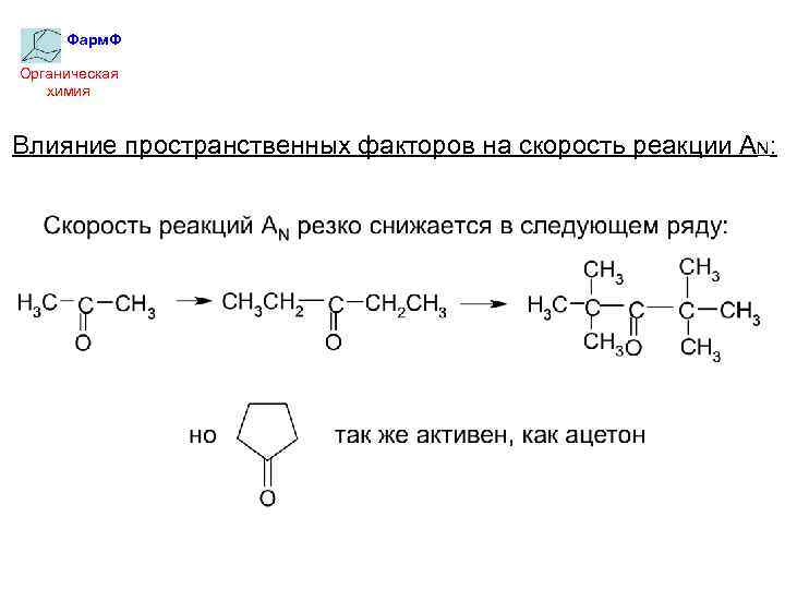 Фарм. Ф Органическая химия Влияние пространственных факторов на скорость реакции AN: 