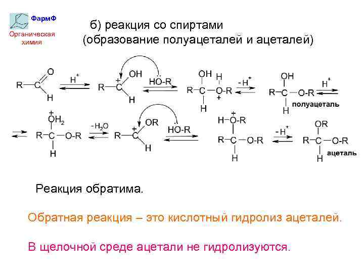 Фарм. Ф Органическая химия б) реакция со спиртами (образование полуацеталей и ацеталей) Реакция обратима.