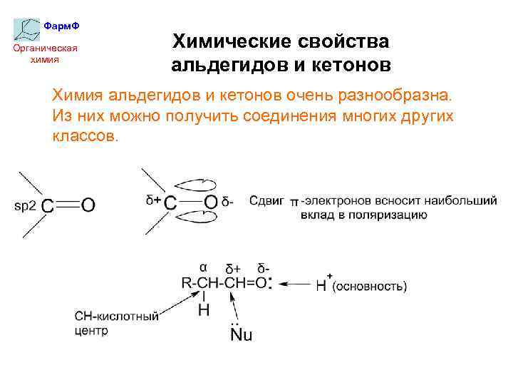 Фарм. Ф Органическая химия Химические свойства альдегидов и кетонов Химия альдегидов и кетонов очень