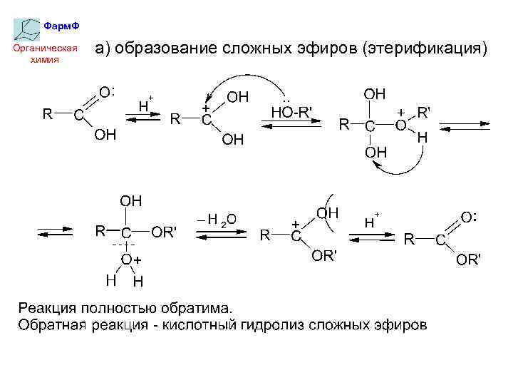 Фарм. Ф Органическая химия а) образование сложных эфиров (этерификация) 