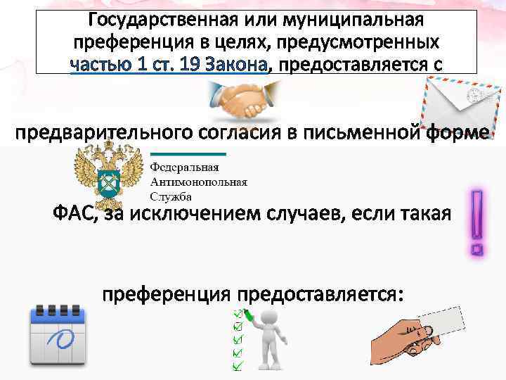 Государственная или муниципальная преференция в целях, предусмотренных частью 1 ст. 19 Закона, предоставляется с