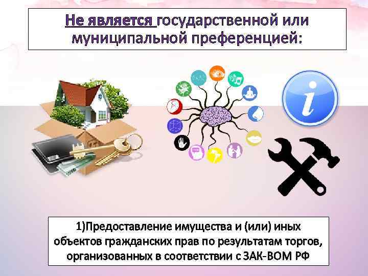 Не является государственной или муниципальной преференцией: 1)Предоставление имущества и (или) иных объектов гражданских прав