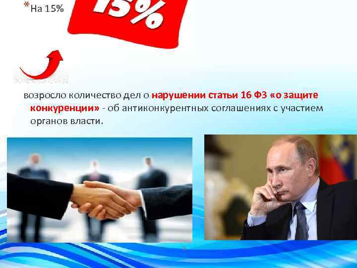*На 15% возросло количество дел о нарушении статьи 16 ФЗ «о защите конкуренции» -