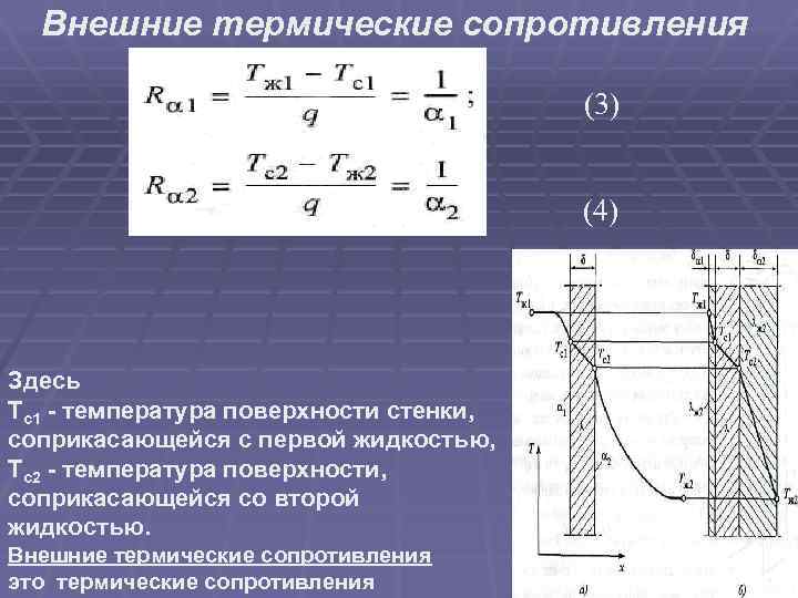 Внешние термические сопротивления (3) (4) Здесь Тс1 - температура поверхности стенки, соприкасающейся с первой