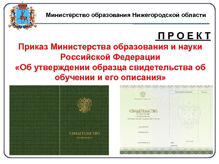 Министерство образования Нижегородской области П Р О Е К Т Приказ Министерства образования и