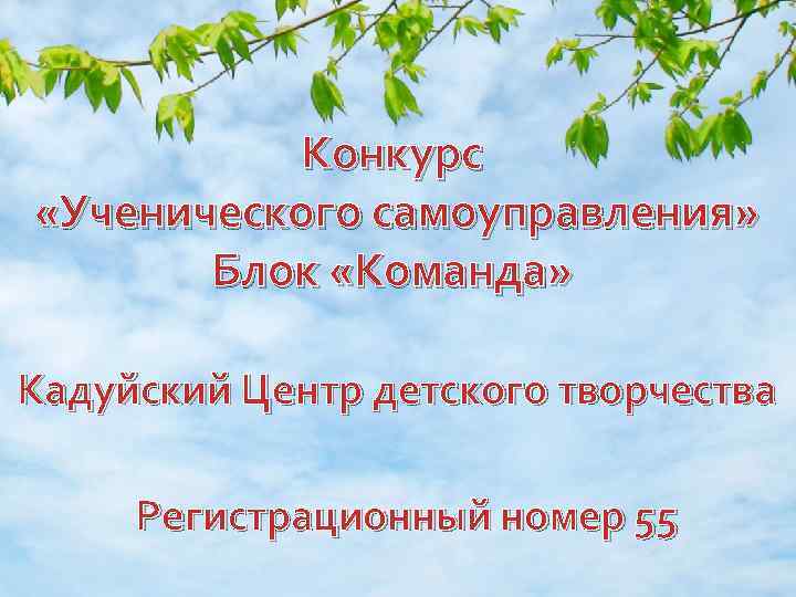 Конкурс «Ученического самоуправления» Блок «Команда» Кадуйский Центр детского творчества Регистрационный номер 55 