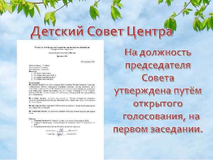 Детский Совет Центра На должность председателя Совета утверждена путём открытого голосования, на первом заседании.