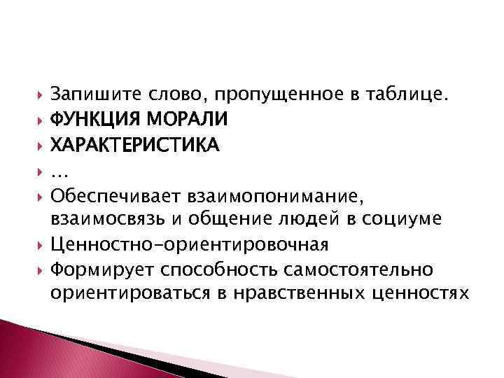 Нравственные характеристики. Запишите слово пропущенное в таблице функции морали. Запишите слово пропущенное в таблице функции морали характеристика. Обеспечивает взаимопонимание и общение людей в социуме. Обеспечение взаимопонимания и общения людей в социуме функция морали.