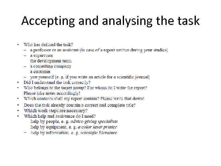 Accepting and analysing the task 