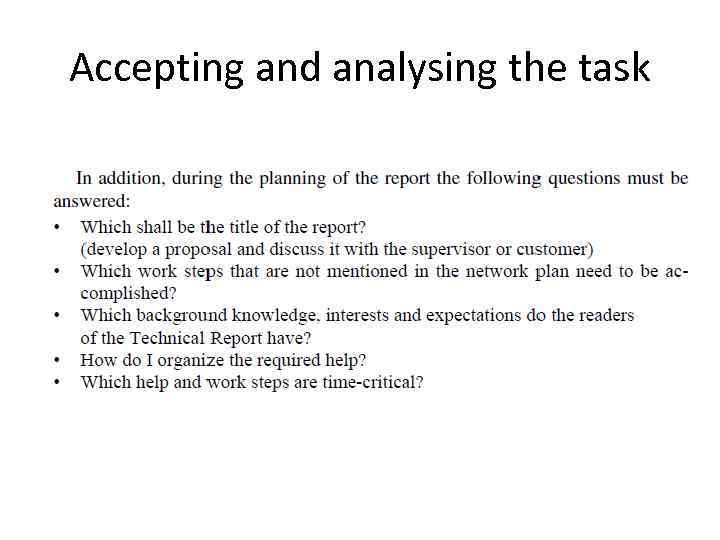 Accepting and analysing the task 