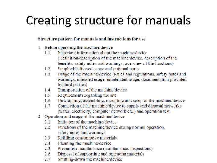 Creating structure for manuals 