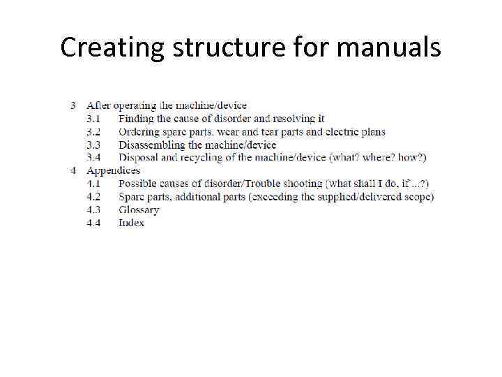 Creating structure for manuals 