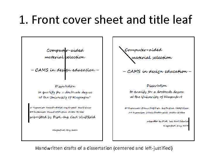 1. Front cover sheet and title leaf Handwritten drafts of a dissertation (centered and
