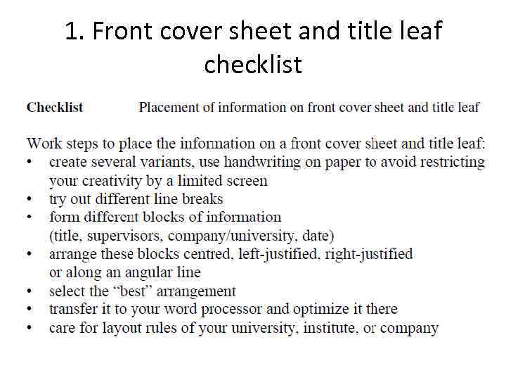 1. Front cover sheet and title leaf checklist 
