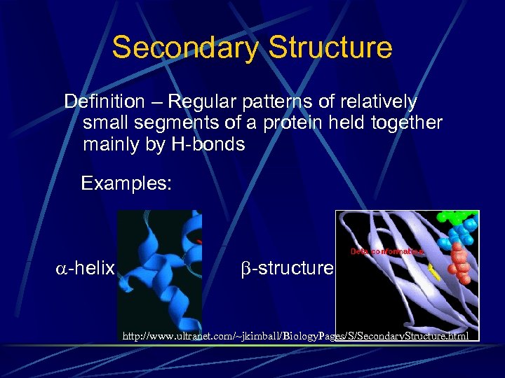 Secondary Structure Definition – Regular patterns of relatively small segments of a protein held