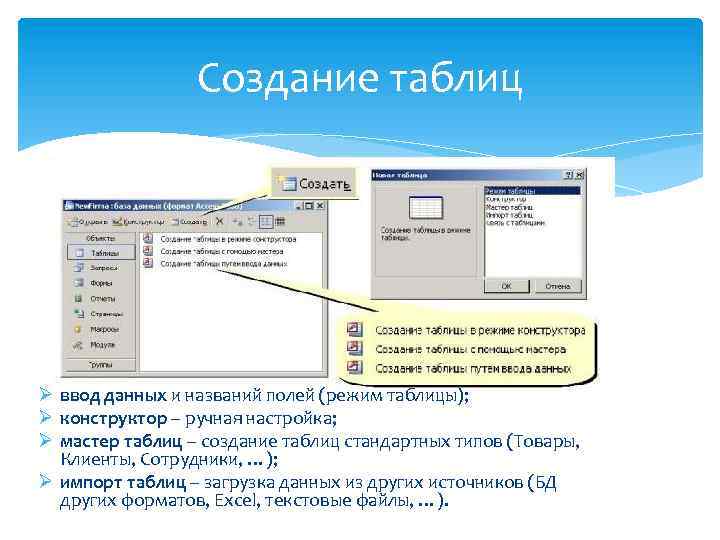 Создание таблиц Ø ввод данных и названий полей (режим таблицы); Ø конструктор – ручная