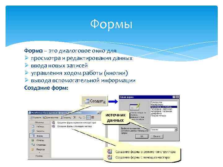 Формы Форма – это диалоговое окно для Ø просмотра и редактирования данных Ø ввода