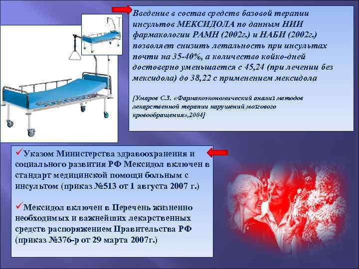 Введение в состав средств базовой терапии инсультов МЕКСИДОЛА по данным НИИ фармакологии РАМН (2002