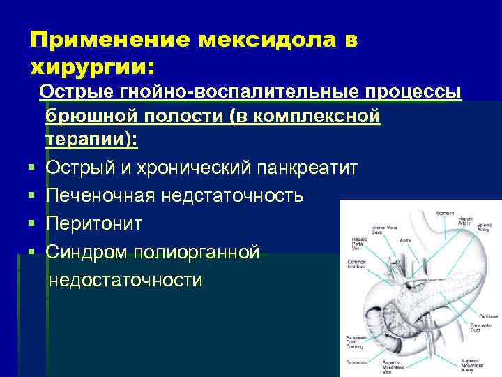 Применение мексидола в хирургии: Острые гнойно-воспалительные процессы брюшной полости (в комплексной терапии): § Острый