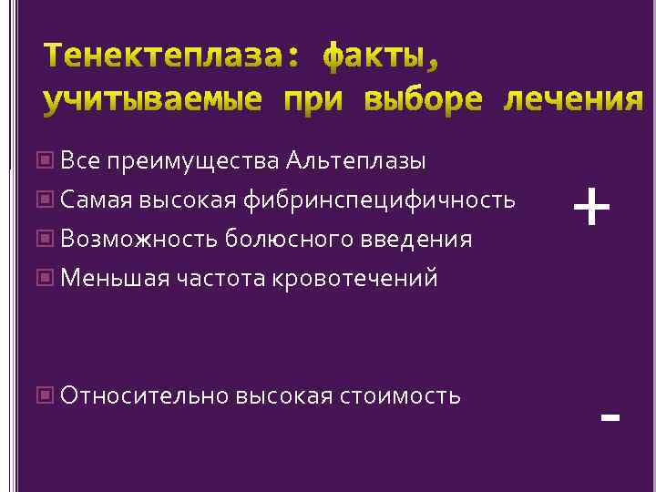  Все преимущества Альтеплазы Самая высокая фибринспецифичность Возможность болюсного введения + Меньшая частота кровотечений