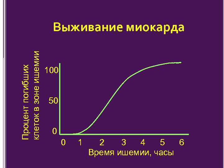 Процент погибших клеток в зоне ишемии Выживание миокарда 100 50 0 0 1 2