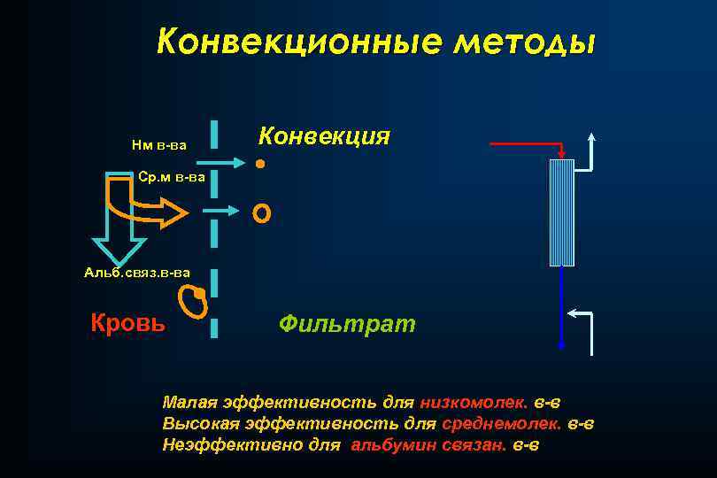 Конвекционные методы Нм в-ва Конвекция Ср. м в-ва Альб. связ. в-ва Кровь Фильтрат Малая