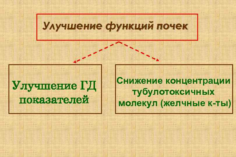 Улучшение функций почек Улучшение ГД показателей Снижение концентрации тубулотоксичных молекул (желчные к-ты) 