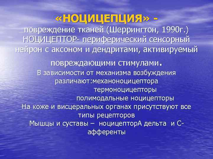  «НОЦИЦЕПЦИЯ» - повреждение тканей (Шеррингтон, 1990 г. ) НОЦИЦЕПТОР- периферический сенсорный нейрон с