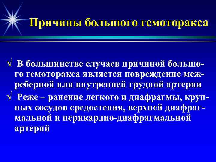 Причины большого гемоторакса √ В большинстве случаев причиной большого гемоторакса является повреждение межреберной или