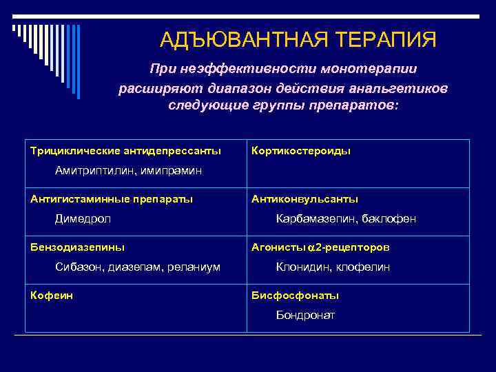 АДЪЮВАНТНАЯ ТЕРАПИЯ При неэффективности монотерапии расширяют диапазон действия анальгетиков следующие группы препаратов: Трициклические антидепрессанты