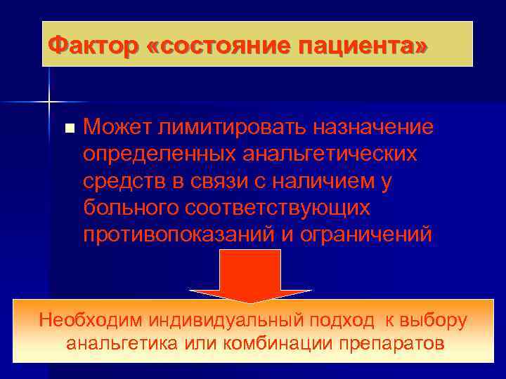 Фактор «состояние пациента» n Может лимитировать назначение определенных анальгетических средств в связи с наличием