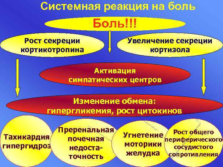 Системная реакция на боль Боль!!! Рост секреции кортикотропина Увеличение секреции кортизола Активация симпатических центров