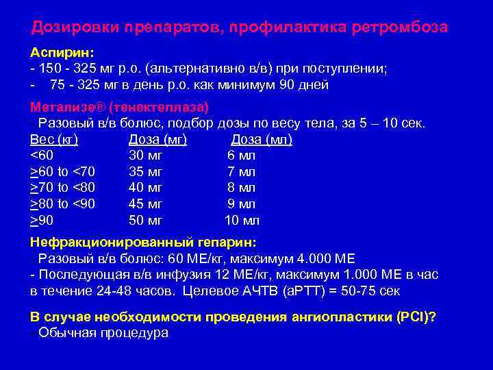 Дозировки препаратов, профилактика ретромбоза Аспирин: - 150 - 325 мг р. о. (альтернативно в/в)