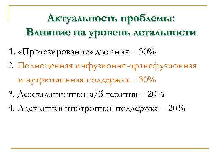Актуальность проблемы: Влияние на уровень летальности 1. «Протезирование» дыхания – 30% 2. Полноценная инфузионно-трансфузионная