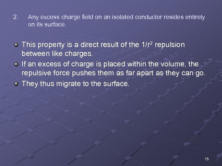 2. Any excess charge field on an isolated conductor resides entirely on its surface.