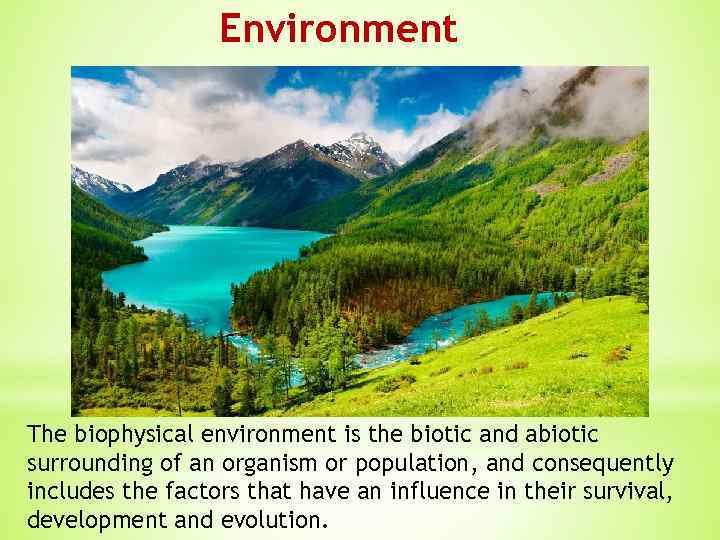 Environment The biophysical environment is the biotic and abiotic surrounding of an organism or