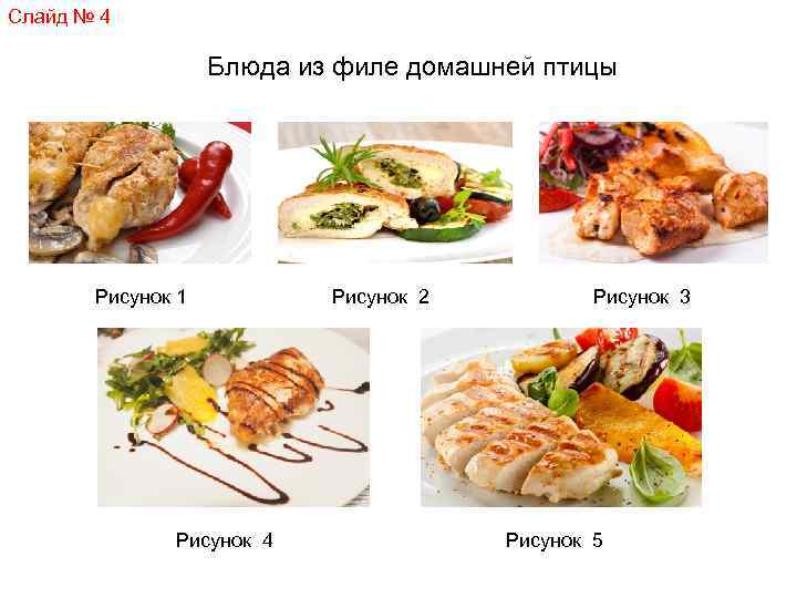 Слайд № 4 Блюда из филе домашней птицы Рисунок 1 Рисунок 4 Рисунок 2