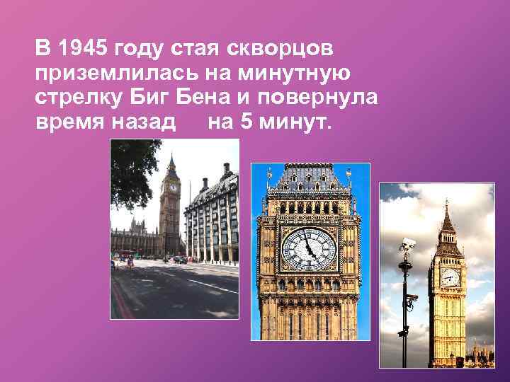 В 1945 году стая скворцов приземлилась на минутную стрелку Биг Бена и повернула время