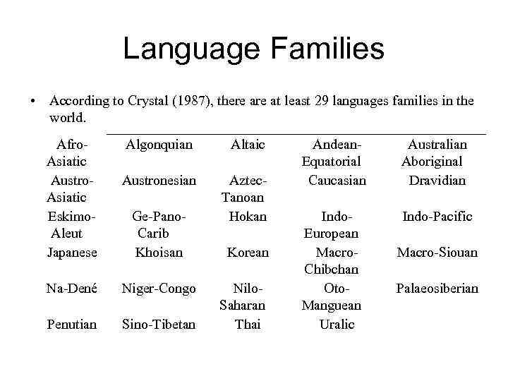 Language Families • According to Crystal (1987), there at least 29 languages families in