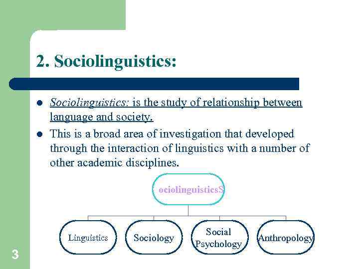 2. Sociolinguistics: l l Sociolinguistics: is the study of relationship between language and society.